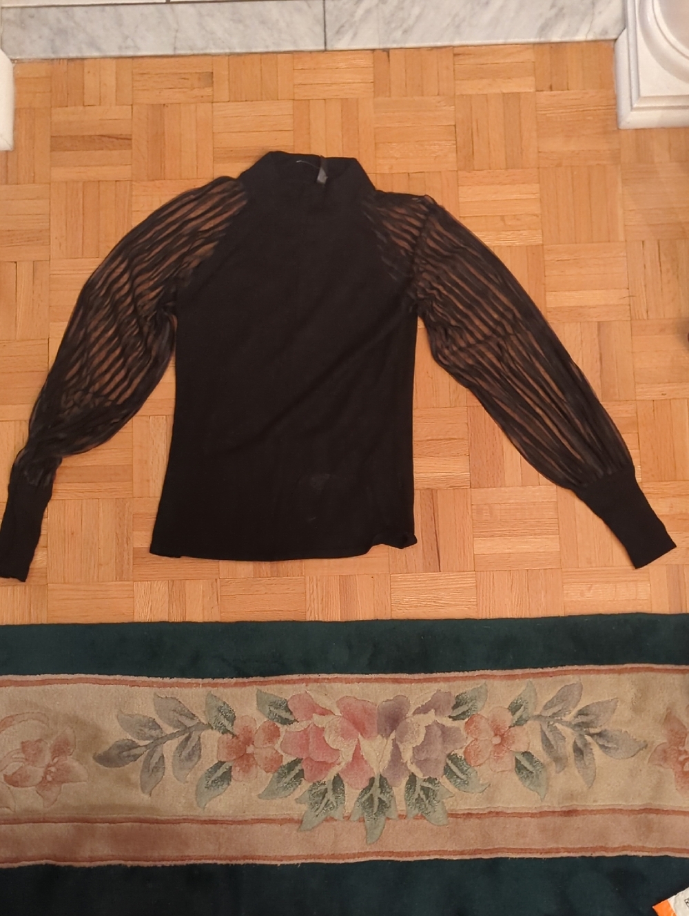 Lapis Black Sheer Stripe Bishop Sleeve Top